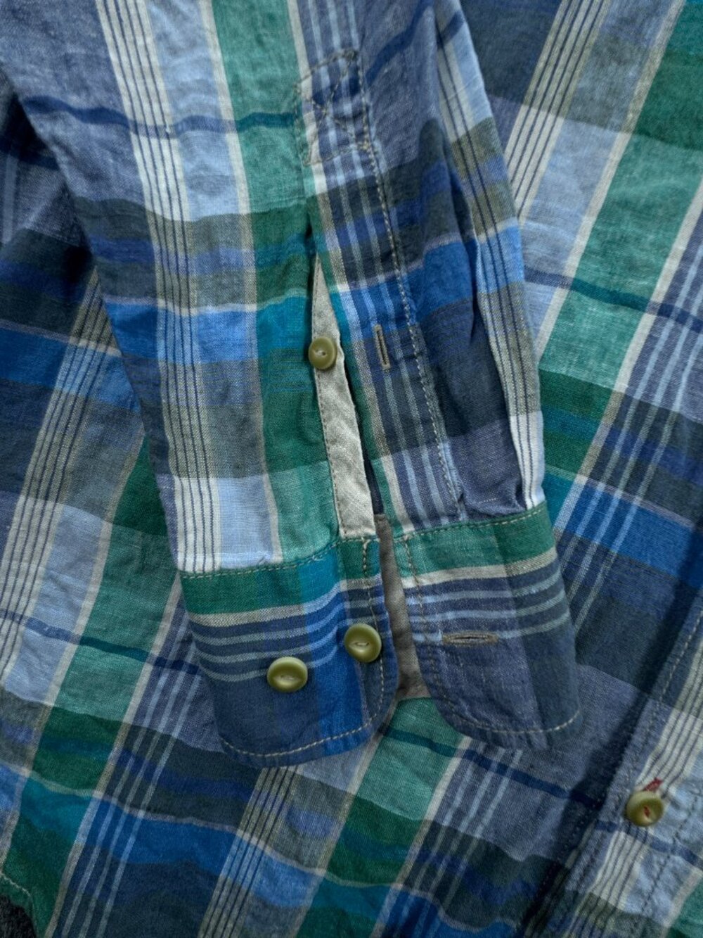 Tommy Bahama All Linen Plaid Logo Large Blue Green Button Up Long Sleeve Beach - Picture 4 of 16
